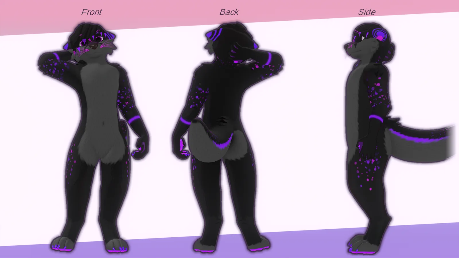 Spiro reference sheet: front, back, and side views of a black-and-gray fox-otter hybrid with purple spots, markings, and paw pads
